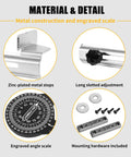 Kickass Crown Molding Jig And Miter Saw Protractor With Heavy Duty Metal Stops For Straight Up Accurate Nested Cuts and No Sweat Setup Using Aluminum Angle Finder Tool For Easy DIY Carpentry showcasing metal construction and engraved scale.