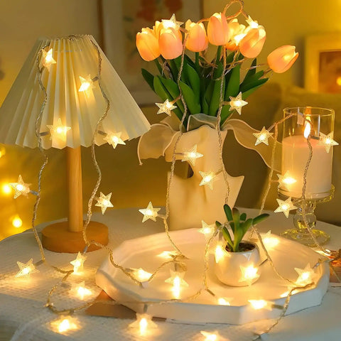 Warm White LED Star String Lights 10 Ft Battery Operated For Indoor Outdoor Decor, draped over table with flowers and lamp