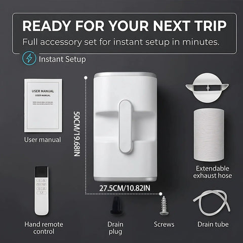 Hella Cold Blast 5100 BTU Portable Air Conditioner For Glamping And Overland Adventures Instant Chill Mode With Offline Voice Toggle Low Watt Power Station Campin Setup user manual, remote, drain plug, and exhaust hose.
