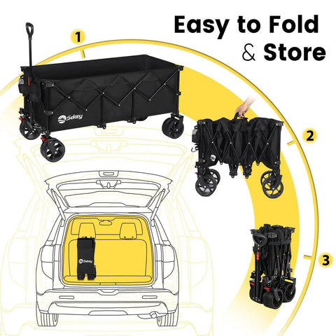 Heavy Duty Collapsible Wagon With 660 Lb Capacity, Foldable All Terrain Utility Cart shown folded and stored in car trunk