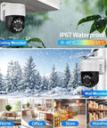 Heavy Duty 8MP 4K PoE PTZ Security Camera Surveillance Kit With Tough As Nails Night Vision mounted on ceiling and wall in rainy and snowy settings.