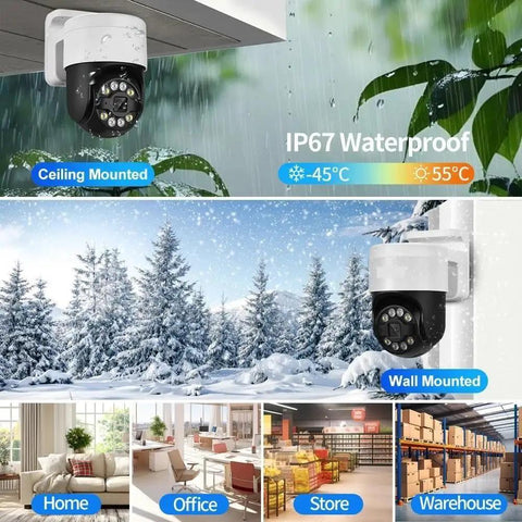 Total Game Changer 8MP 4K POE PTZ Security Camera Surveillance Kit mounted on ceiling with rain, showcasing waterproof design.