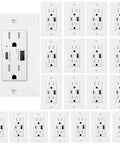 20 Pack White USB Wall Outlet With Dual Type A C Quick Charge Ports 15 Amp Tamper Resistant Faceplate, front view, installed.
