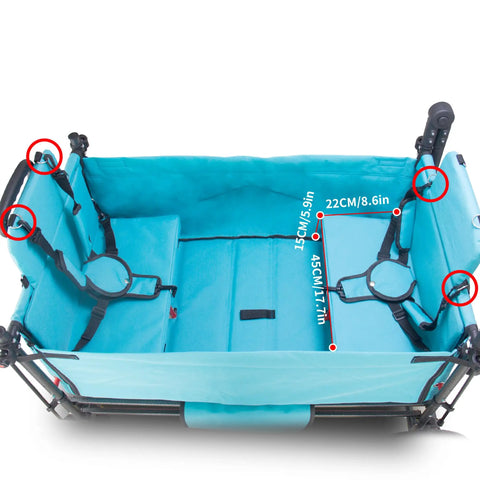 Top view of turquoise Collapsible Wagon Cart With Side Opening Seats For Outdoor Trips Foldable Utility Wagon With Two Seats