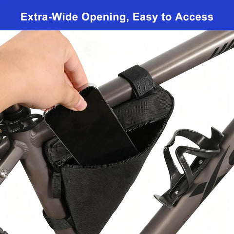 Hand inserting phone into Premium Triangle Bike Frame Bag For Mountain And Road Bikes Lightweight Waterproof Pouch with Velcro straps.