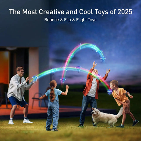 Children playing with Latest Dope Flying Toy With AI Motion Control And Contact Sensing Bounce Flip Flight Modes in backyard