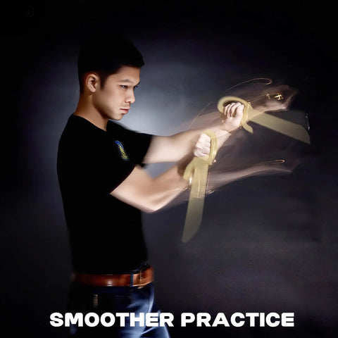 Natural Hardwood Wing Chun Butterfly Swords Set For Kung Fu Training in action, demonstrating motion speed and technique.