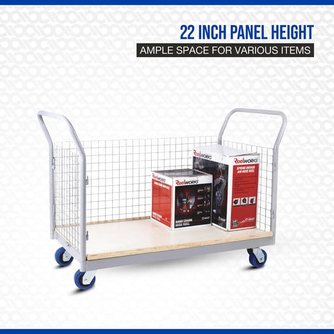 Steel Frame Platform Cart With Removable Mesh Panels And Plywood Deck Built As A True Shop Beast For Rolling Totes Boxes And Bins Features Five Inch Nonmarking Wheels That Handle Two Thousand Pounds Of Gear With No Sweat
