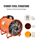 VEVOR Portable Ventilator with Hose, 2 Speed, 12 Inch Utility Blower Exhaust Fan with sturdy steel structure and ETL certification