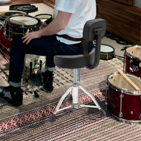 Solid As A Rock Drum Throne Stool With Plush Memory Foam Backrest shown with adjustable height and swivel base for drummers.