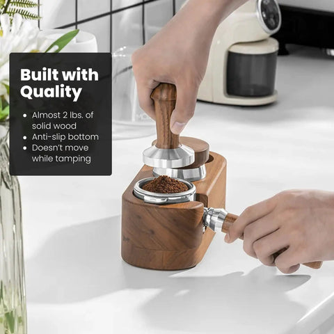 Wooden Espresso Tamper Holder Station With 3 Slots For Tampers And Portafilter, Anti Slip Bottom, Dark Walnut Finish
