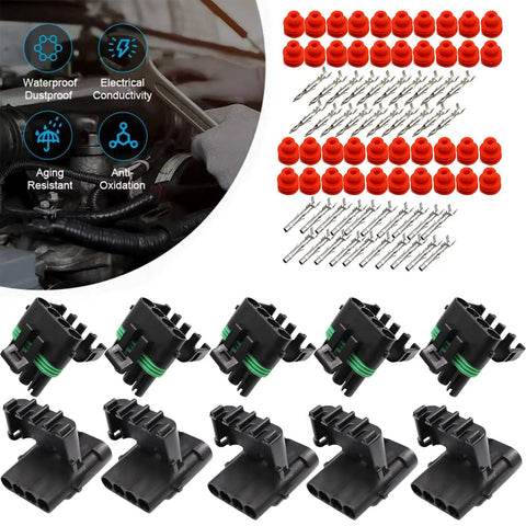 Get This Super Duper Weather Pack Connector Kit With 5 Sets Of 4 Pin Plugs And Female Receptacles Plus Terminals And Seals For Easy Wire Job, 4-pin auto connector kit