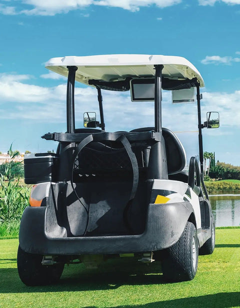 Golf cart with No Drilling Golf Cart Side Mirrors With Folding Design, Universal Rear View For 0.75 To 1.25 Inch Square Rails.