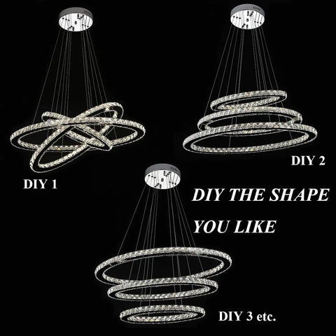 Lit Three Ring LED Crystal Chandelier With Stainless Steel Frame, three DIY shapes, dimmable brightness, 4000K LED