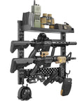 Sturdy Wall Mount Gun Rack With Shelf Holds Up To 80lbs, displaying two rifles, gear, accessories on 201 stainless steel with black powder coat.