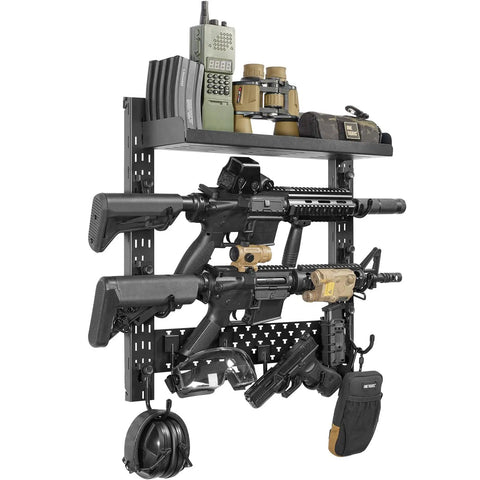 Sturdy Wall Mount Gun Rack With Shelf Holds Up To 80lbs, displaying two rifles, gear, accessories on 201 stainless steel with black powder coat.