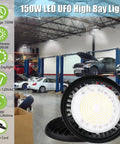 2 Pack LED High Bay Light With US Plug, 6 Ft Cord, 120V 150W, 19500 Lumen 5000K Daylight in a car workshop