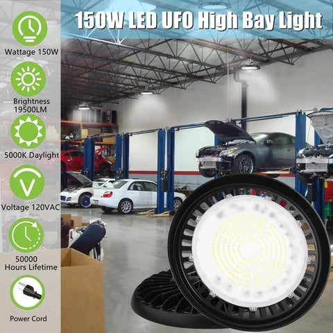 2 Pack LED High Bay Light With US Plug, 6 Ft Cord, 120V 150W, 19500 Lumen 5000K Daylight in a car workshop