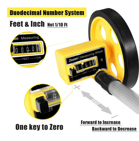 Close-up of Measuring Wheel With Feet And Inches, 40 Inch Adjustable Length, 4 Inch Wheel, mechanical reset and display details.