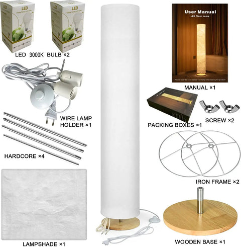 52 Inch Soft Light Floor Lamp With Slim Modern Design Cozy Warm 3000K LED Glow Tyvek Fabric Shade Two Bulbs Included components