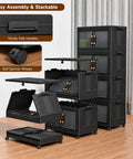 Heavy Duty Fold Flat Storage Bins With Slick Dual Front Door Access And Secure Lids Built Different Stackable Plastic Organizer Totes For Your Garage Office Pantry Or Home Gear Setup 4 Pack Black Nine Gallon Capacity Each in stacked formation with front doors open and spinner wheels.