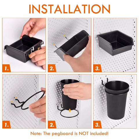 Installation of Pegboard Bins And Hooks Set For Garage And Workshop Organization No Fuss 12 Pack Pegboard Cups With Hooks