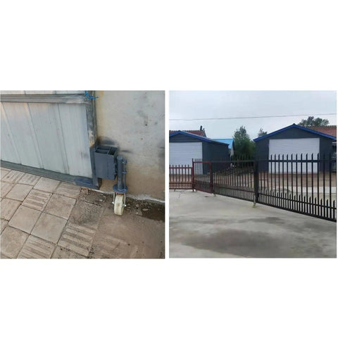 Slick Glide 4 Inch Retractable Factory Door Caster Nylon Spring Shock Absorbing Wheel installed with fence and gate.
