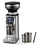 Top Shelf Conical Burr Coffee Grinder Featuring A Six Degree Tilted Body For Zero Mess Grinds And Hassle Free Cleanup In Sleek Metallic Silver Finish.