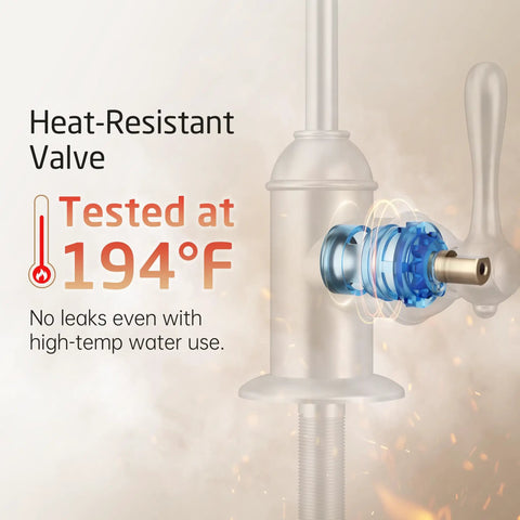 KES NSF Certified All Metal Drinking RO Water Faucet Non-Plastic Connector heat-resistant valve tested at 194°F for durability.