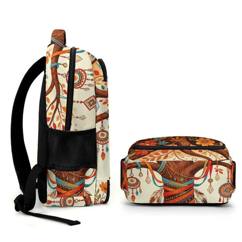 Side and top views of Unisex Vintage Ethnic Floral Tree Pattern Backpack With Large Capacity, Durable Polyester Build, Smooth Zipper