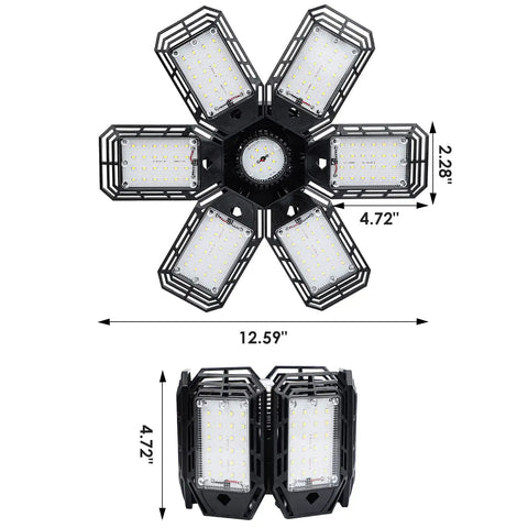 2 Pack Deformable Garage Light With 6 Adjustable Panels 200W 20000LM 6500K Daylight LED Shop Lights dimensions shown