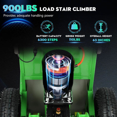 Heavy Duty Electric Stair Climbing Dolly With 900 Pounds Load Capacity showing motor and technical details.