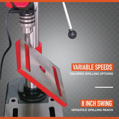 Benchtop Drill Press With Five Speed And Eight Inch Swing Half Inch Chuck Two Inch Vertical Stroke Depth Lock Ball Knob One Third HP Power Large Work Table For Precise Hole Drilling with tilted work table view.
