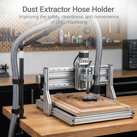 Tool Free Clamp On Dust Collection Boom Arm And Vacuum Hose Mount For Desktop CNC Machines, Table Saws with adjustable hose above wood.