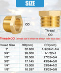Front view of two brass NPT reducer bushings, 3/8 in male to 1/4 in female, hex bodies, 2 pcs with Teflon tape