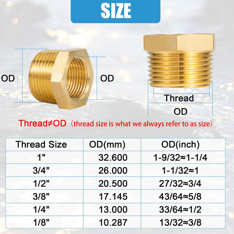 Front view of two brass NPT reducer bushings, 3/8 in male to 1/4 in female, hex bodies, 2 pcs with Teflon tape