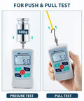 Go To Portable 500N Digital Force Gauge Push Pull Tester With Case, Four Measurement Units N Lb Kg Oz, Max Load 500N 50kg 110lb 1800oz, Accuracy About One Percent, Battery Powered With Two AAA, Three Measurement Modes. showing push and pull test use