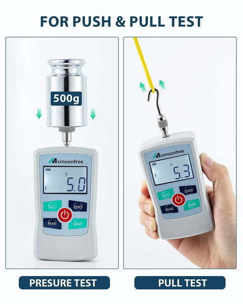 Go To Portable 500N Digital Force Gauge Push Pull Tester With Case, Four Measurement Units N Lb Kg Oz, Max Load 500N 50kg 110lb 1800oz, Accuracy About One Percent, Battery Powered With Two AAA, Three Measurement Modes. showing push and pull test use