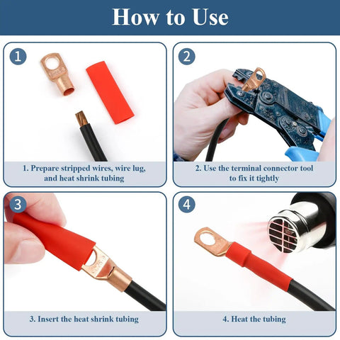 Four-step guide showing how to use Copper Wire Lugs Assortment Kit With 130Pcs AWG 2 4 6 8 10 12 Battery Cable Ends 66Pcs Heat Shrink Tubing