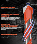 Close-up of an orange-coated masonry drill bit with carbide tip, twisted double-groove body, 135° tip.