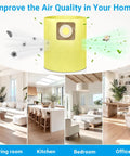 Air quality improvement in home settings with filter illustration above living room, kitchen, bedroom, and office images.