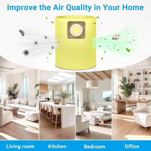 Air quality improvement in home settings with filter illustration above living room, kitchen, bedroom, and office images.