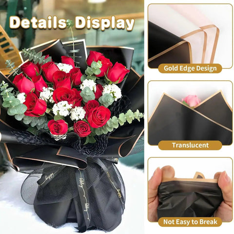 Bouquet wrapped in Black Flower Wrapping Paper With Gold Edges Dope For DIY Gift Wrapping Waterproof Sheets 58x58 Cm 225Gsm