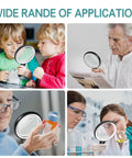 Ultra Bright Handheld Magnifier With 37 LED Lights, 10X 20X 45X Zoom, used by children, seniors, and in laboratories.