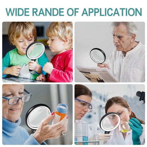 Ultra Bright Handheld Magnifier With 37 LED Lights, 10X 20X 45X Zoom, used by children, seniors, and in laboratories.