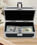 Aluminum Alloy Locking Cash Box For Secure Cash Storage Money Organizer With Single Row Currency Tray on wooden table
