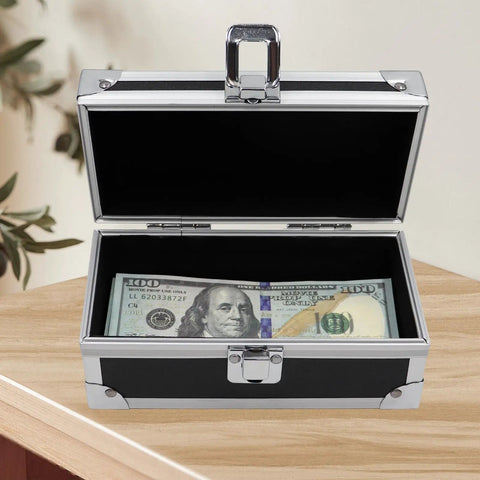 Aluminum Alloy Locking Cash Box For Secure Cash Storage Money Organizer With Single Row Currency Tray on wooden table