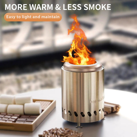 Tabletop Fire Pit Mini Portable Outdoor Smokeless Firepit Stainless Steel 5.5 Inch Tabletop Fire Pit For Cozy Backyard Gatherings Story Nights And Marshmallow Roasting on a table with marshmallows and flames visible.