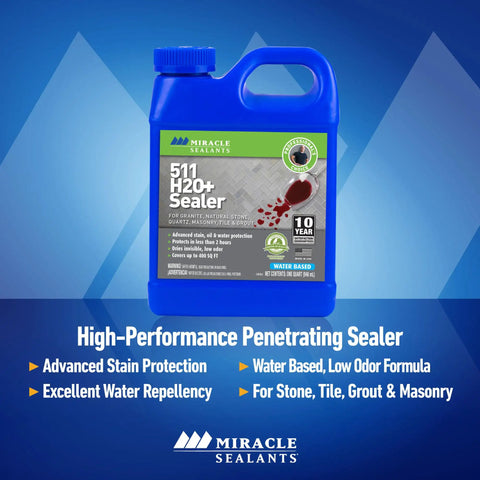 511 H2O Plus Water Based Penetrating Sealer for Countertops Stone Tile and Grout Indoor Outdoor Odorless Stain Proof Protection Quart Size bottle
