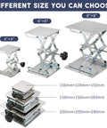 FLKQC stainless steel lift-table lab stand set of 3 with scissor lift and black hand wheels; top plates 4x4, 6x6, 8x8 in.